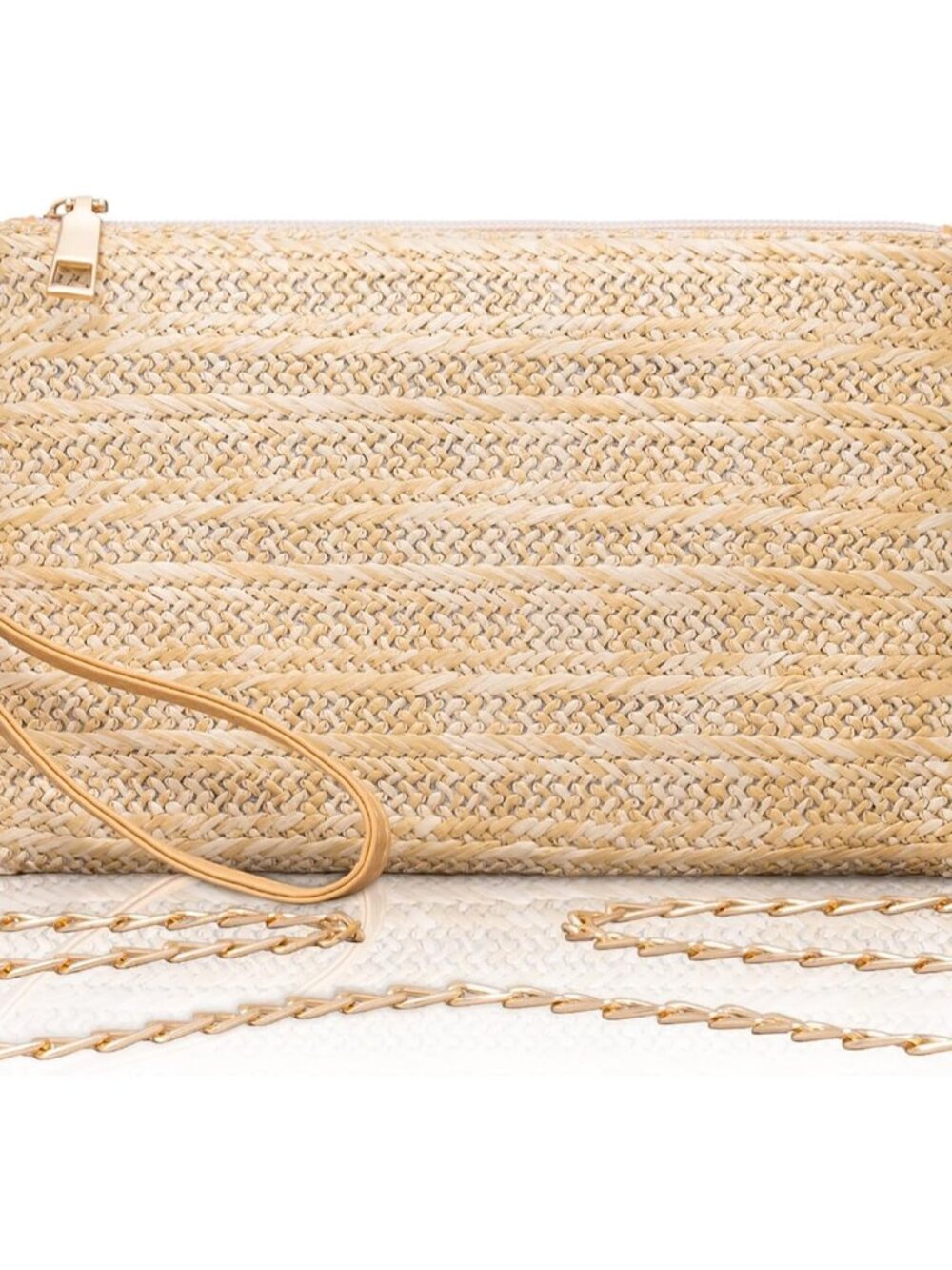 Straw Clutch Purses for Women w/Wrist Strap, Beach Purse Evening Handbag & Chain